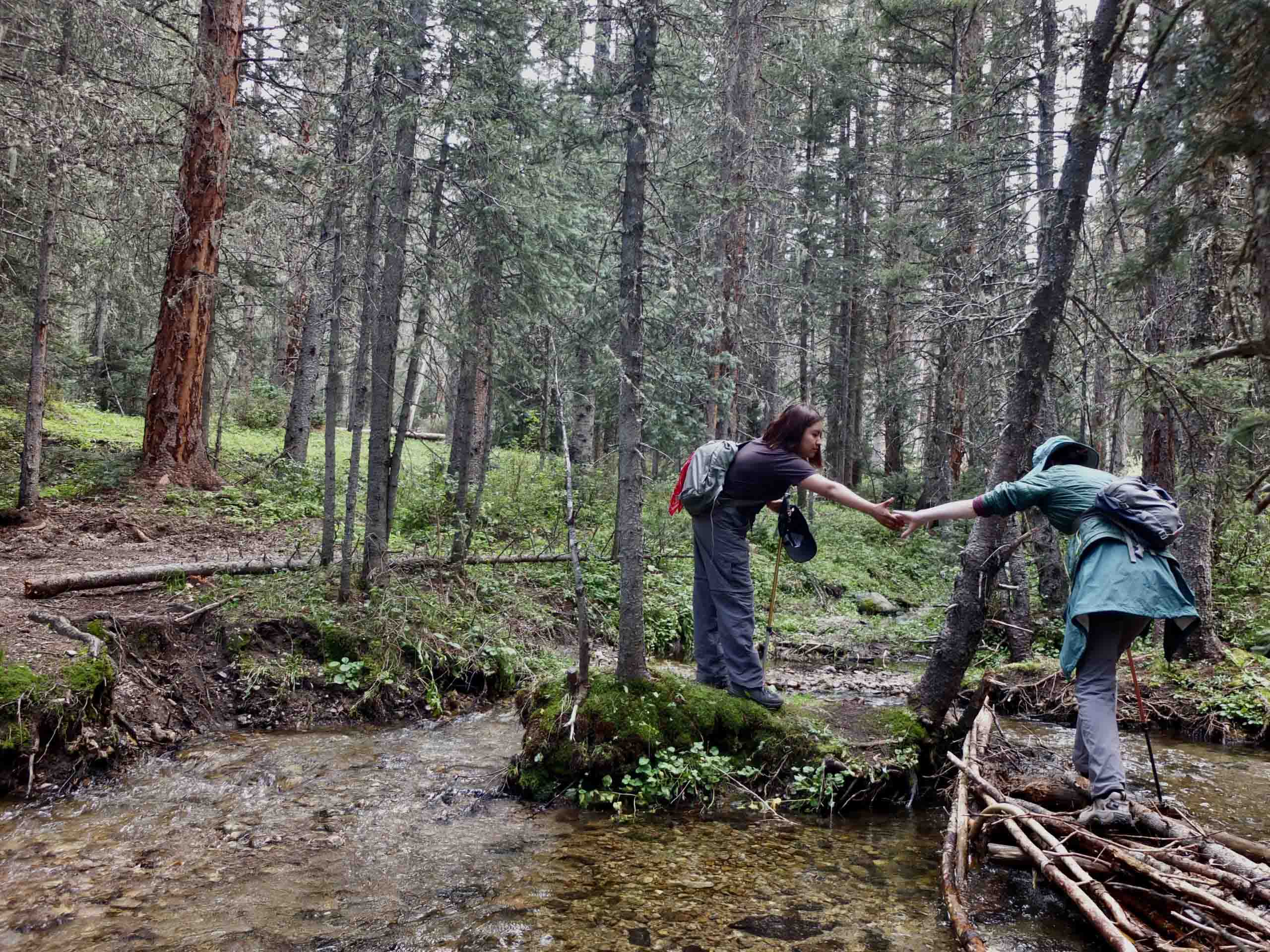 One student helps another student across a log in the wilderness as part of the wilderness program at UWC-USA.