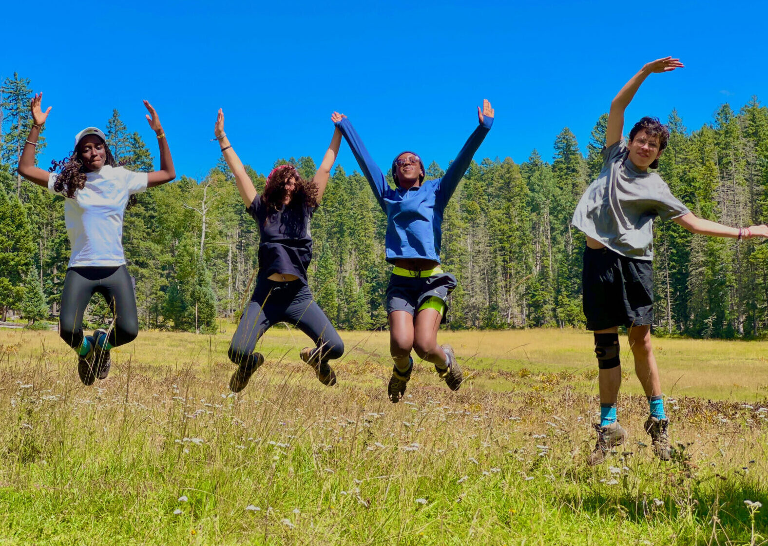 Four diverse students jumping in the wilderness, using their arms to spell UWC.