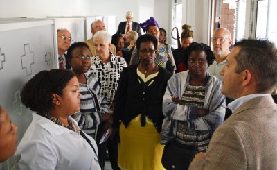 Dr Aceng Ruth, Mnister of Health for Uganda, Deborah Malac, US Ambassador to Uganda, and representatives from USAID visit Right to Care, Themba Lethu Clinic, and the Alexander Plaza pharmacy installation.