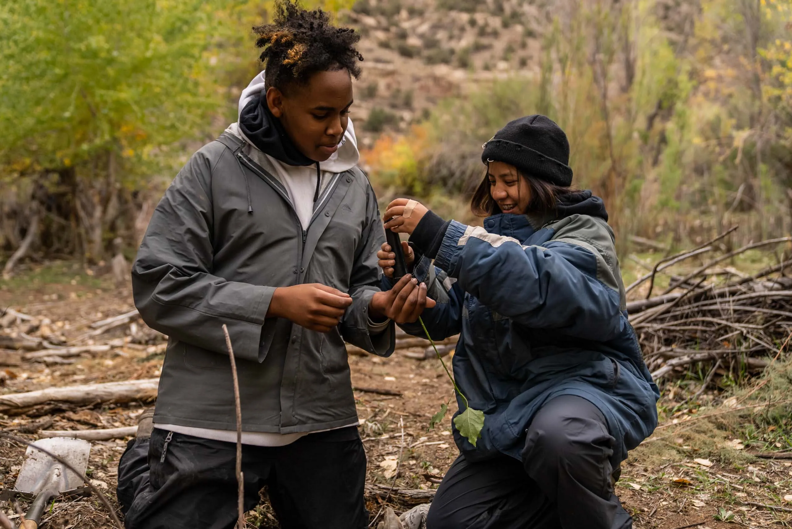 Students collaborate on a sustainability project among trees and mountains, reflecting UWC-USA’s values of learning and service.